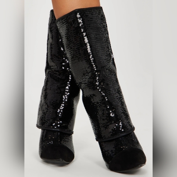 Size 11 Black Sequin Pointed Toe Slouch Boots - Picture 2 of 11